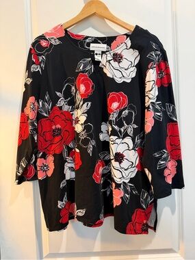 Alfred Dunner Floral Knit Top Women’s XL Black Red White 3/4 Sleeve Beaded Neck